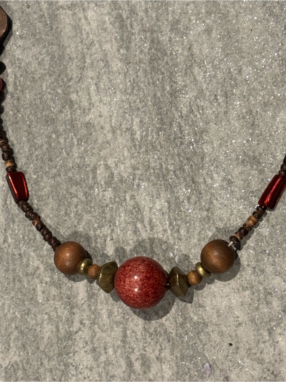 Handcrafted Brown and Red Wood/Seed Beaded Women's Necklace 41” Boho Chic
